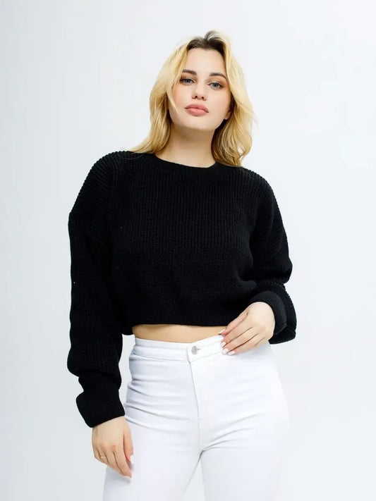 Onyx Pullover by Lauven - Lightweight cropped knit in deep indigo, featuring an oversized fit and stylish comfort.