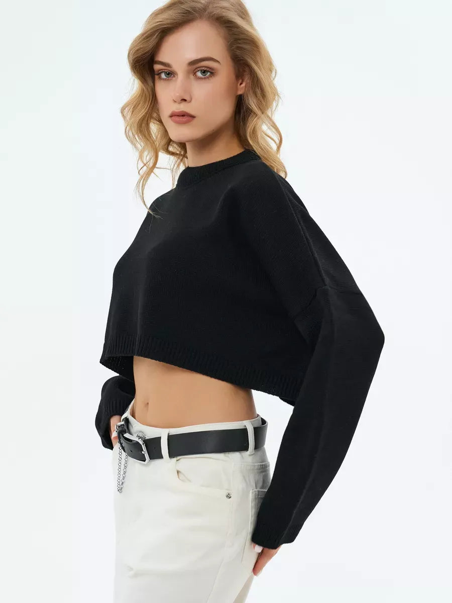 Onyx Sweater by Lauven, cropped oversized knit in black, featuring a modern minimalist design and stylish silhouette.