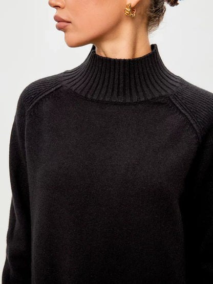 Onyx Sweater by Lauven, oversized black cashmere blend with high ribbed neckline, perfect for fall and winter.