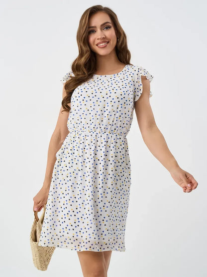 Pearl Mini Dress by Lauven – Elegant white ruffle sleeve dress perfect for warm autumn occasions.