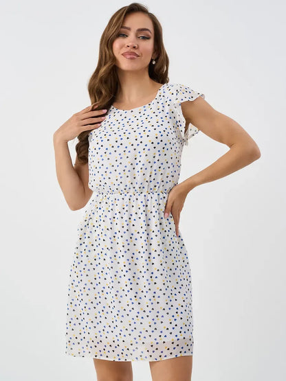 Pearl Mini Dress by Lauven - Elegant white dress with ruffle sleeves and delicate dot pattern, perfect for autumn occasions.