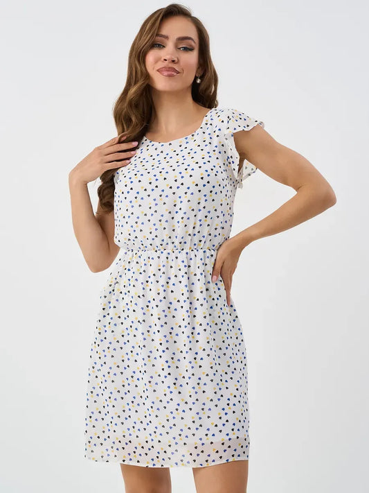 Pearl Mini Dress by Lauven - Elegant white dress with ruffle sleeves and delicate dot pattern, perfect for autumn occasions.