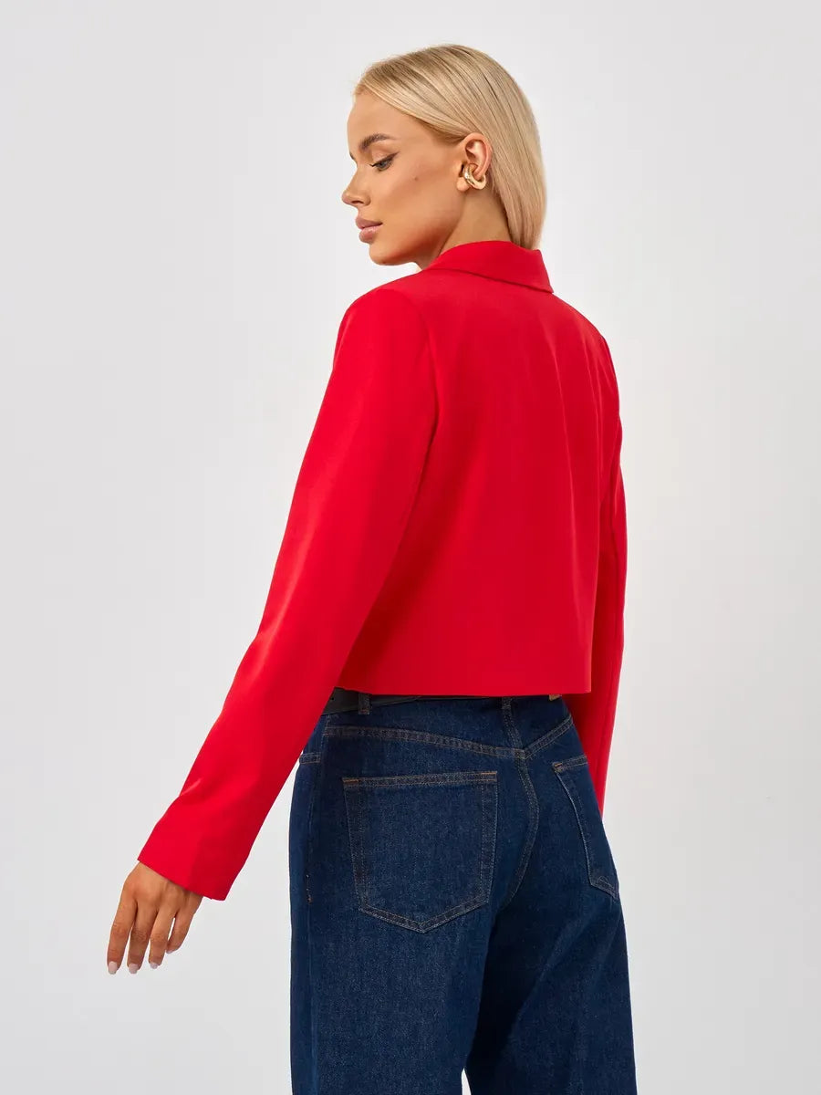 Ruby Blazer by Lauven, showcasing a cropped design in vibrant red, perfect for stylish layering.