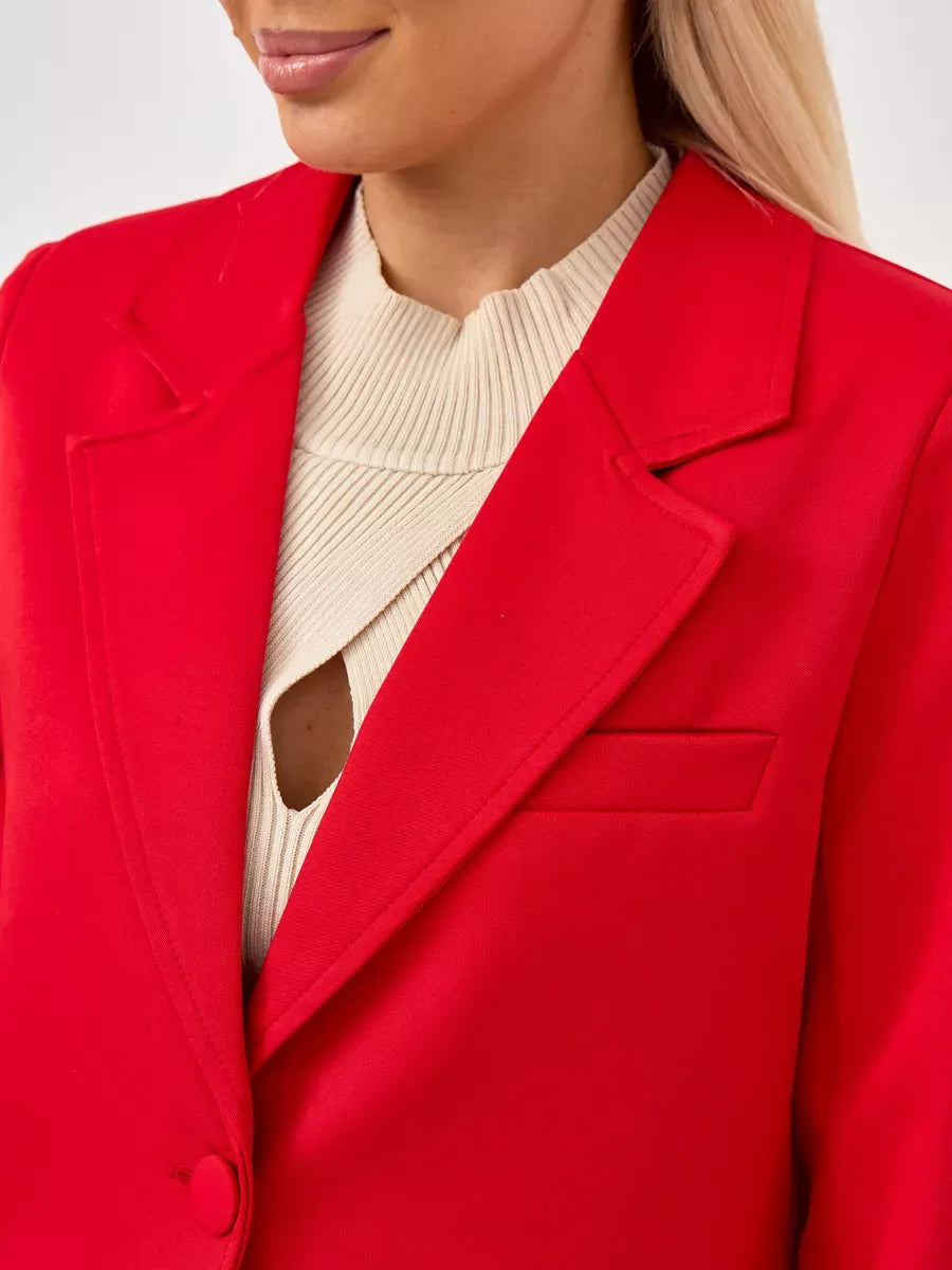 Ruby Blazer by Lauven in vibrant red, showcasing tailored fit and cropped elegance for stylish outfits.