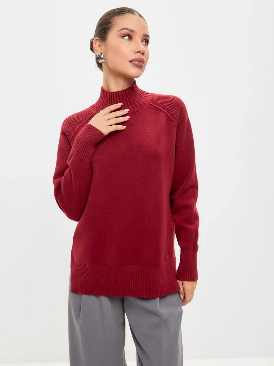 Ruby Sweater by Lauven, oversized cashmere blend with high neck in rich burgundy, perfect for fall and winter.