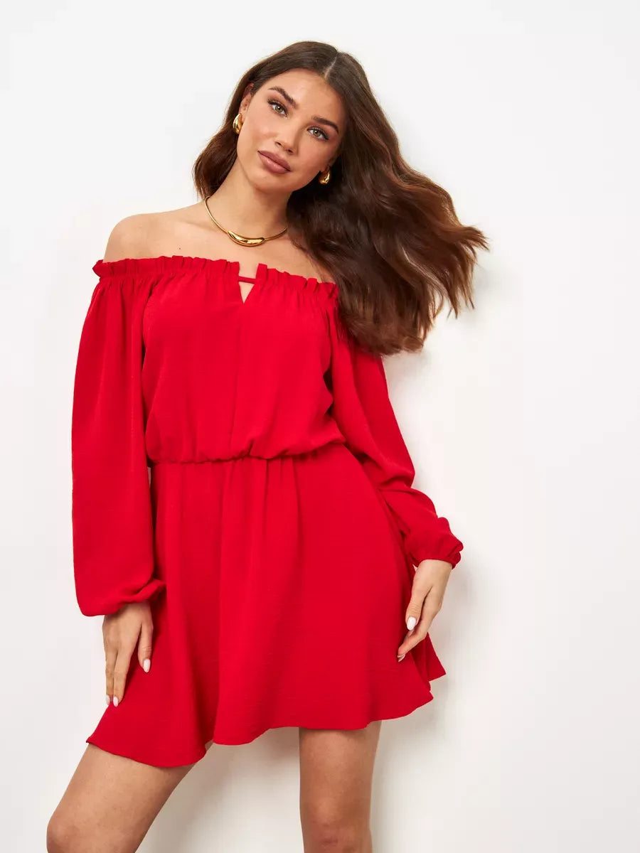 Scarlet Mini Dress by Lauven, elegant off-shoulder design with long sleeves in vibrant red.