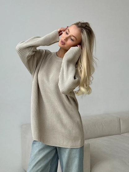 Sierra Sweater by Lauven — Oversized beige knit with crew neck, perfect for stylish layering.