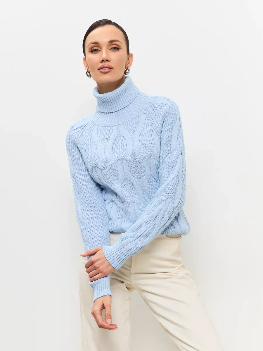 Skyline Knitwear by Lauven: Elegant women's wool-blend turtleneck sweater in soft pastel blue.