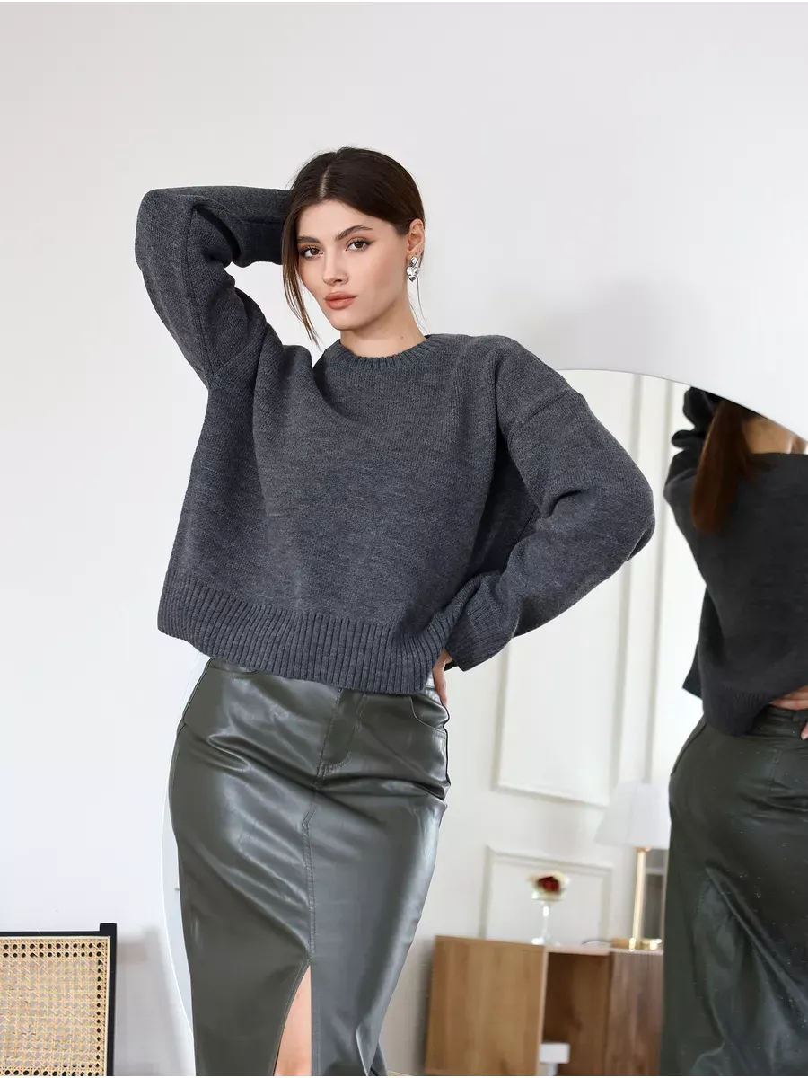 Slate Pullover by Lauven — Oversized cropped women's sweater in dark gray, perfect for layering and everyday elegance.