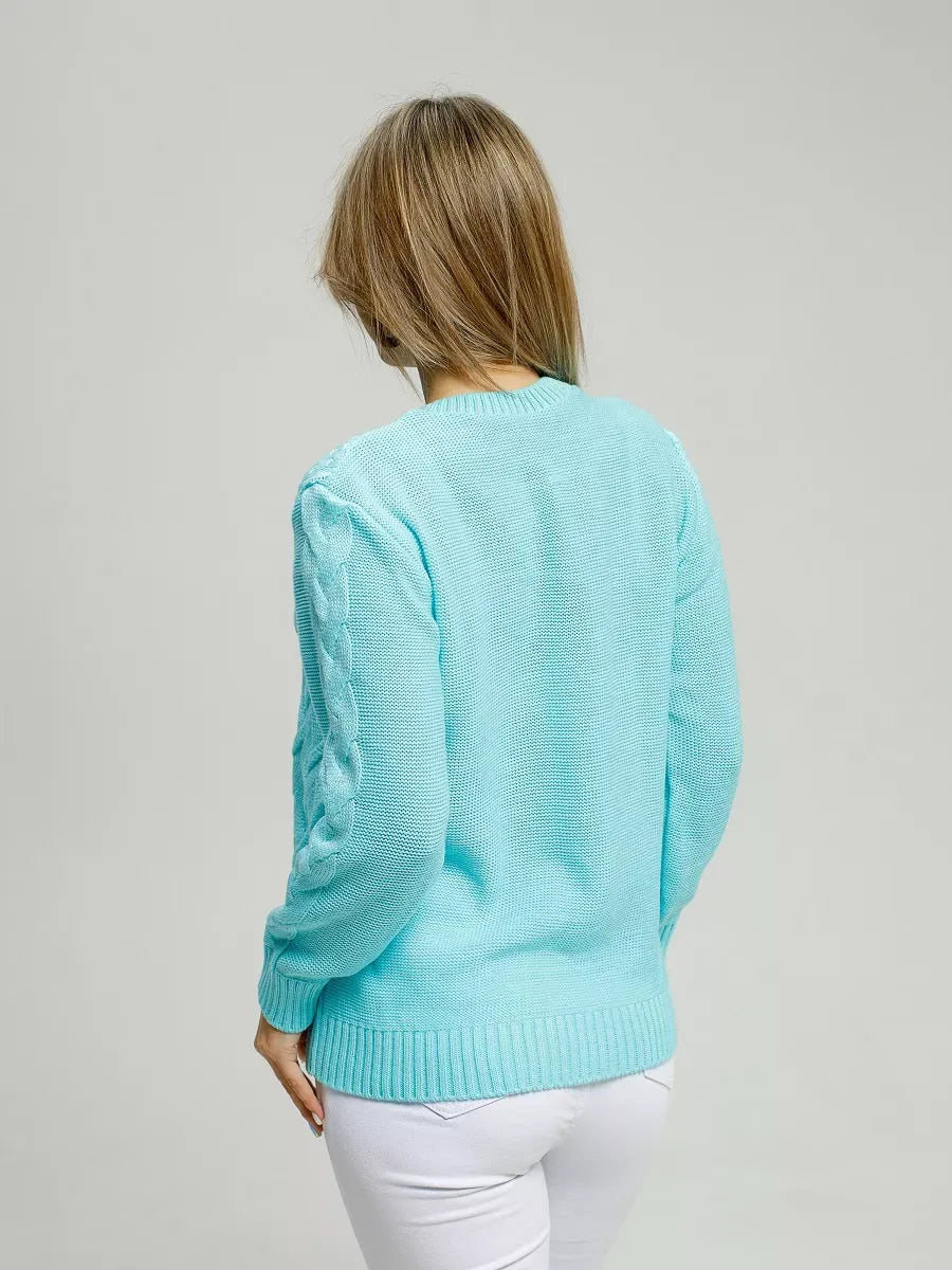 Soleil Sweater by Lauven in bright turquoise, showcasing stylish knitwear from the back.