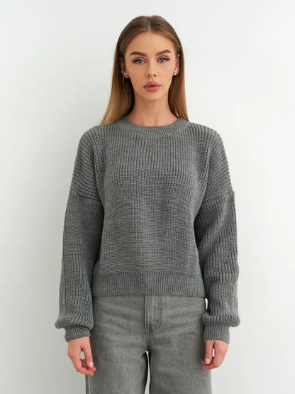 Vega Sweater from Lauven - Grey oversized knitwear featuring classic round neckline and relaxed silhouette.