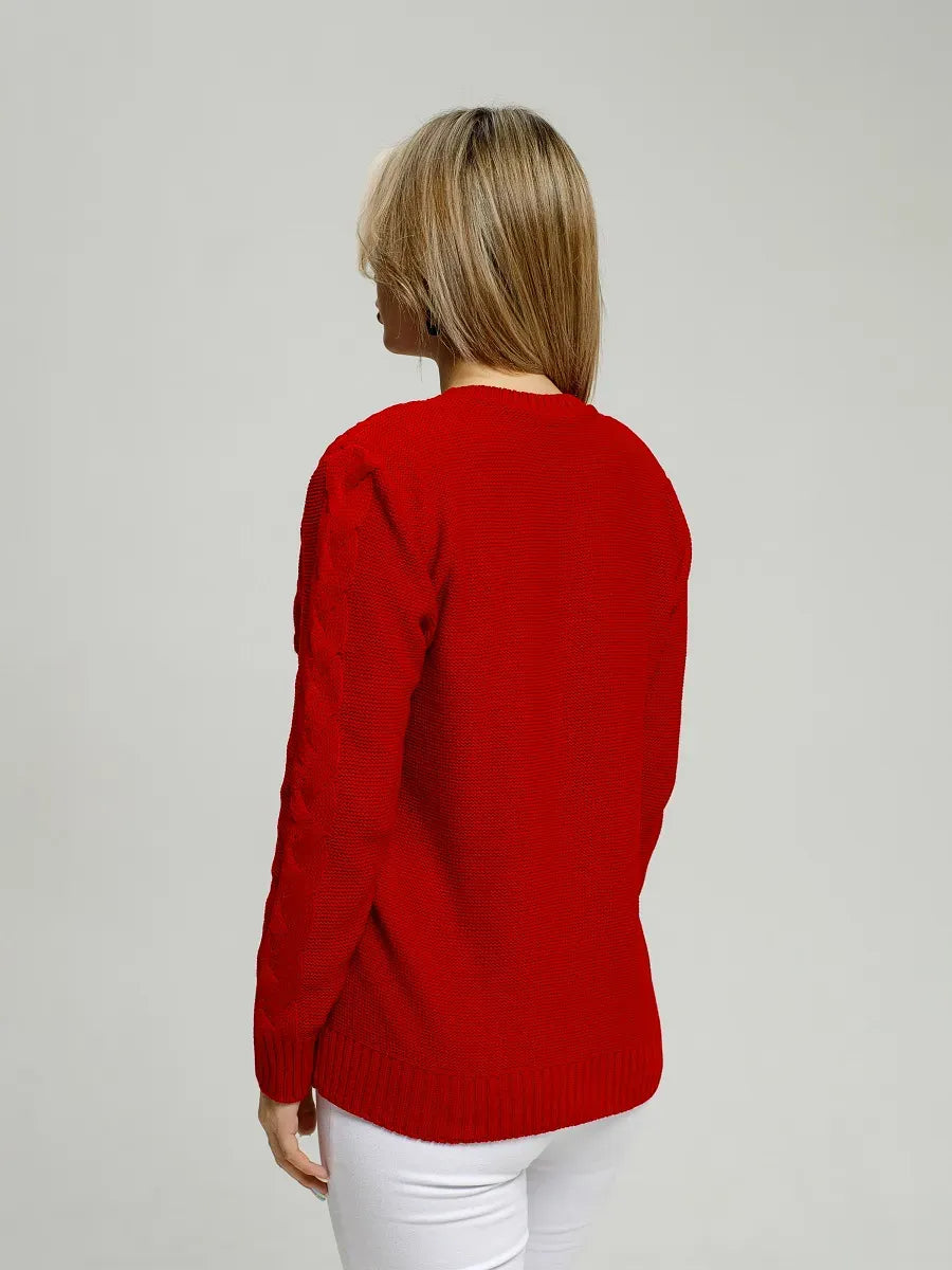 Back view of the Vera Pullover in red, a comfortable classic knit by Lauven for women.