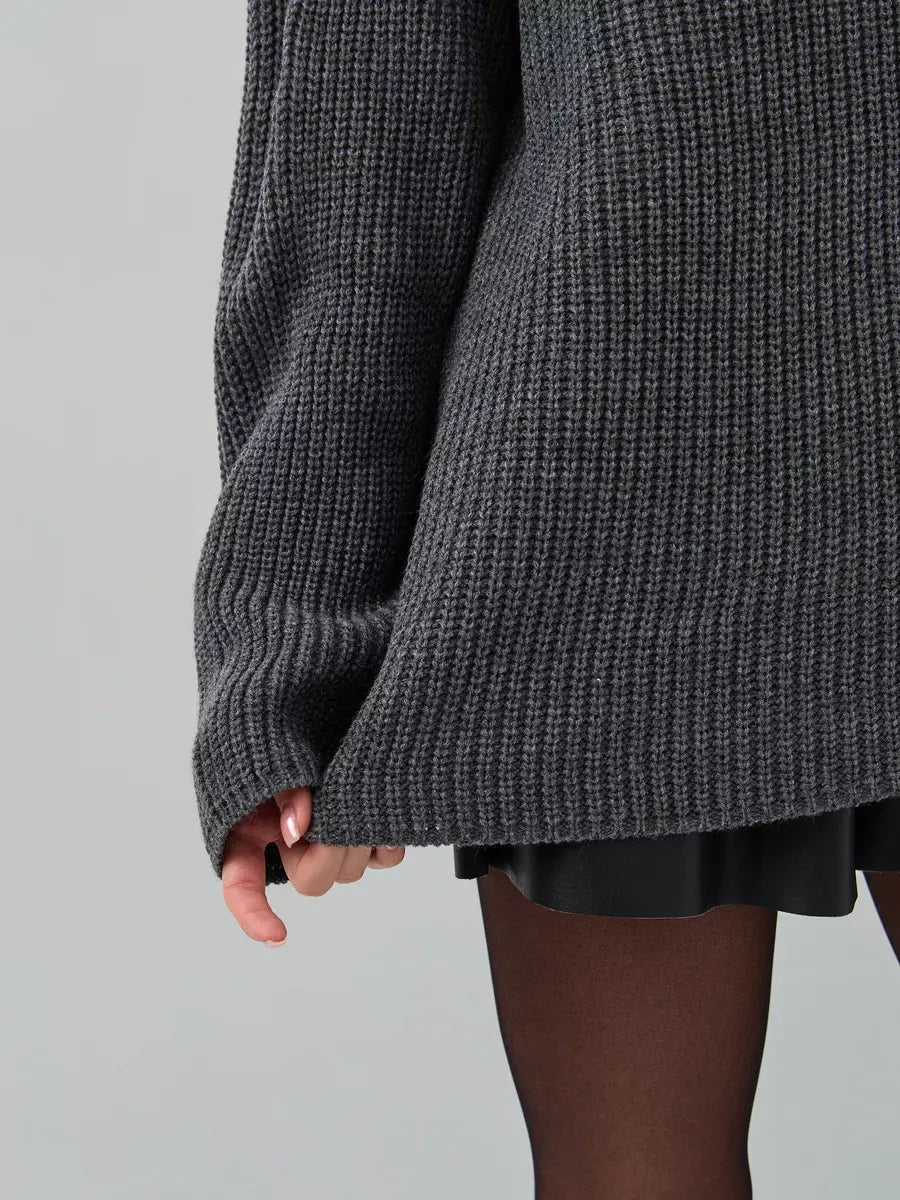 Vera Sweater by Lauven, oversized dark gray knit with crew neck and textured design for women.