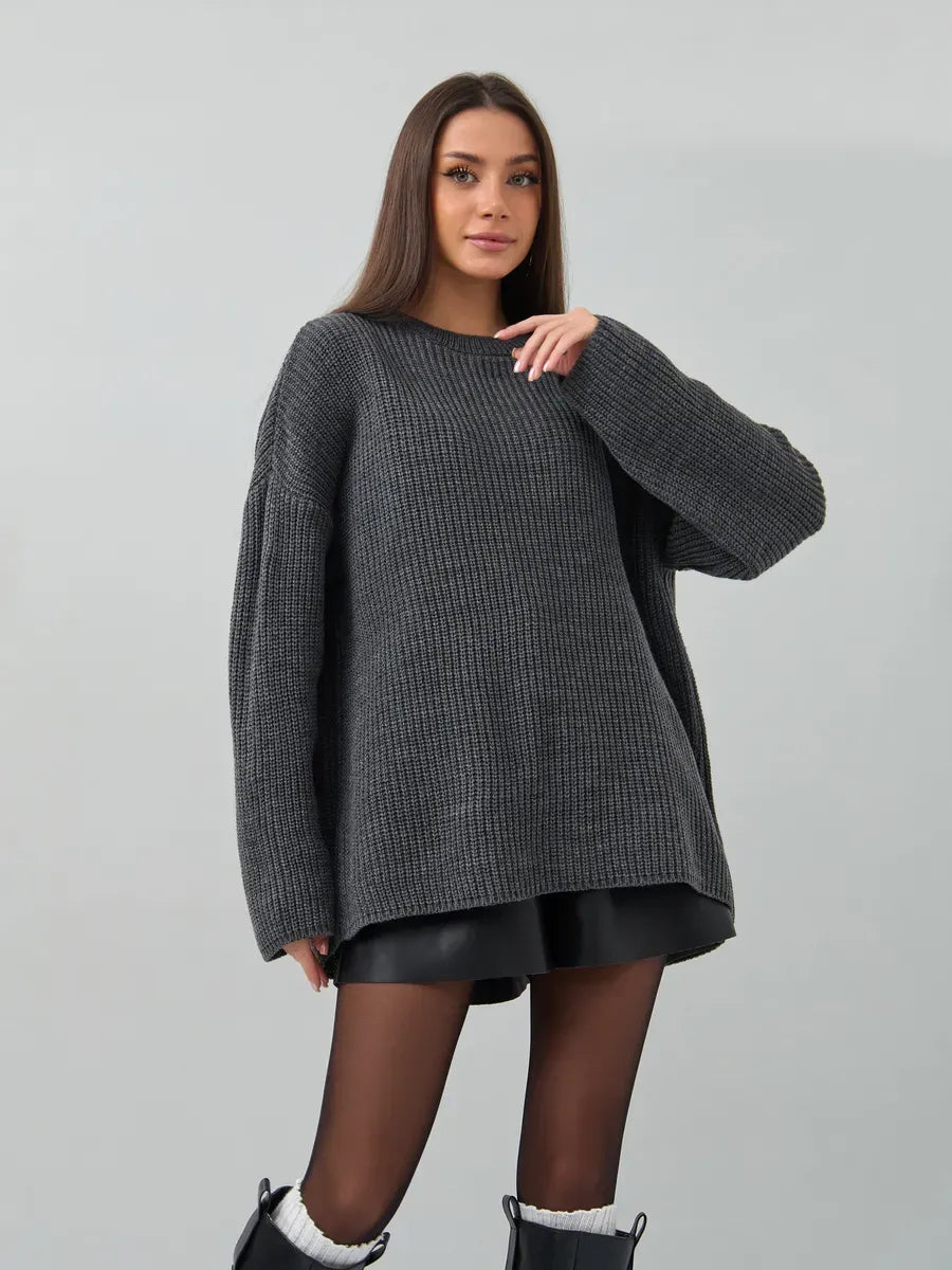Vera Sweater by Lauven - Oversized dark gray knit with crew neck for women, perfect for cold seasons.