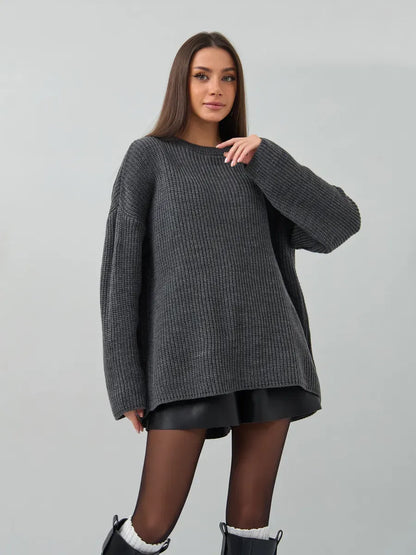 Vera Sweater by Lauven - Oversized dark gray knit with crew neck for women, perfect for cold seasons.