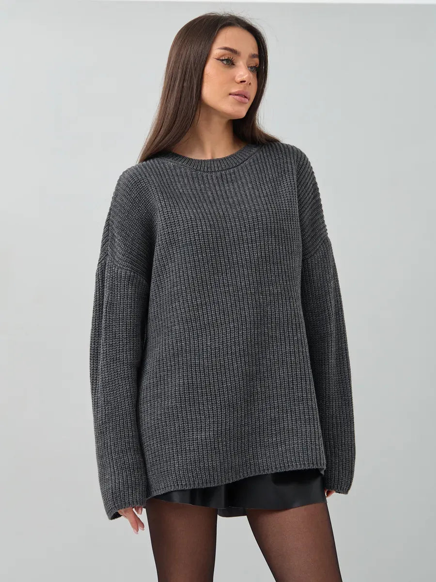 Vera Sweater by Lauven - Oversized dark gray knit pullover with crew neck for women.