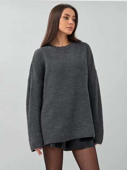 Vera Sweater by Lauven - Oversized dark gray knit pullover with crew neck for women.