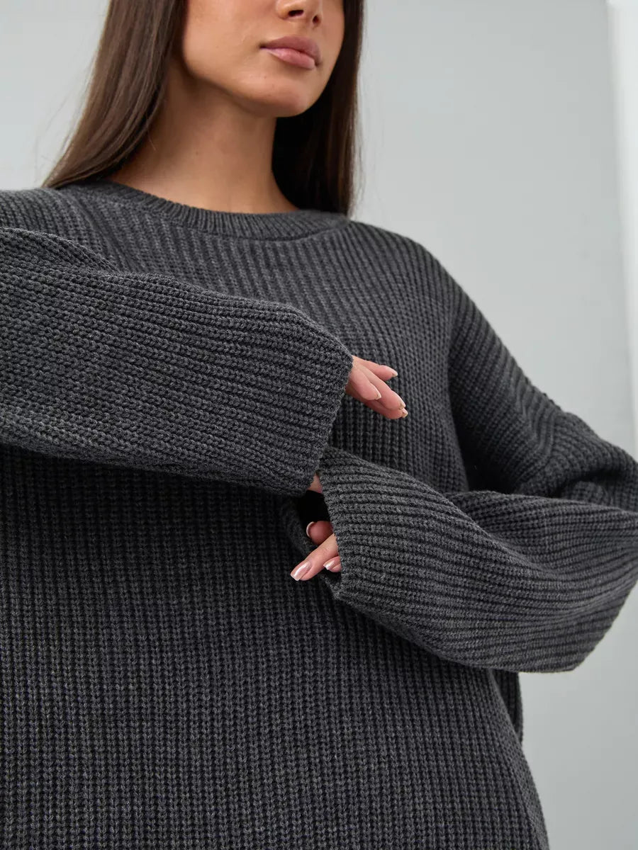 Vera Sweater by Lauven, oversized dark gray knit with crew neck, featuring chunky ribbed texture for comfort.