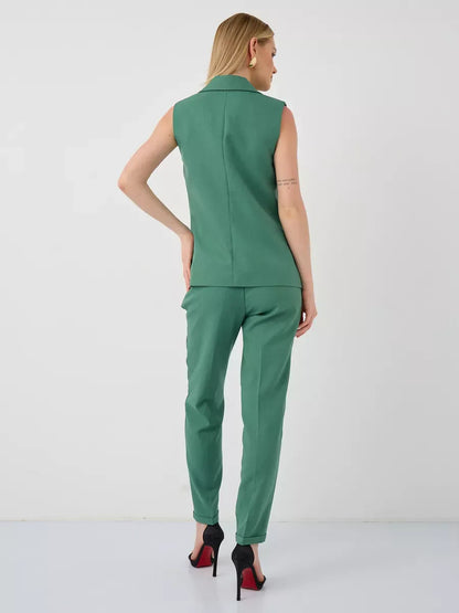 Verde Suit Set by Lauven, stylish sleeveless green vest and high-waist trousers ensemble.