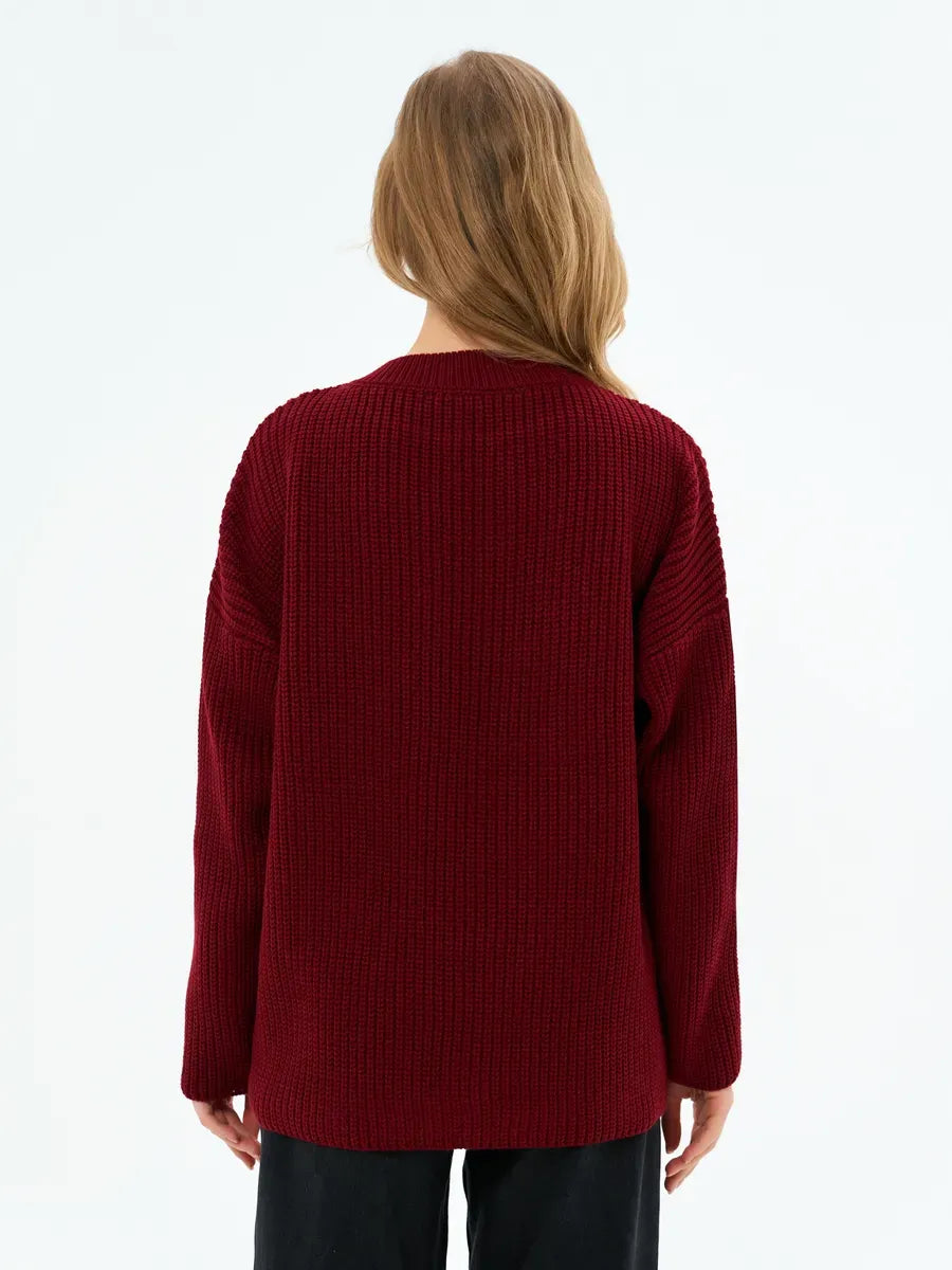 Verona Sweater by Lauven - Oversized knit in deep burgundy, showcasing the back view for a minimalist look.