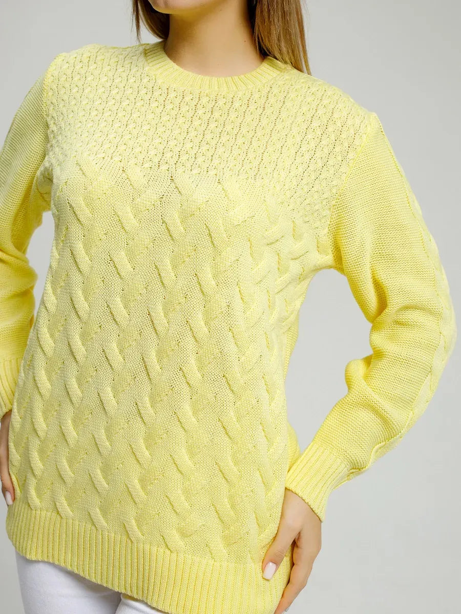 Vienna Sweater in vibrant yellow by Lauven, showcasing soft knit elegance and a comfortable fit.