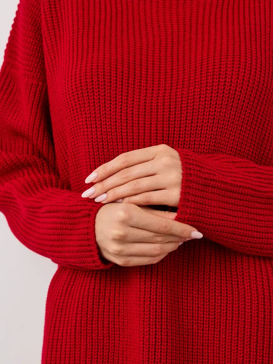 Viona Sweater by Lauven, oversized red knit with crew neck, showcasing a cozy ribbed texture and elegant design.