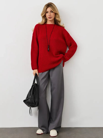Viona Sweater by Lauven, oversized red knit pullover with crew neck, stylish women’s fashion for cooler seasons.