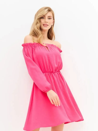 Stunning Fuchsia Mini Dress by Lauven, vibrant off-shoulder style perfect for elegant celebrations.