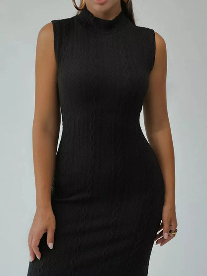 Leah Maxi Dress by Lauven - Black sleeveless bodycon gown with mock neck and cable-knit pattern.