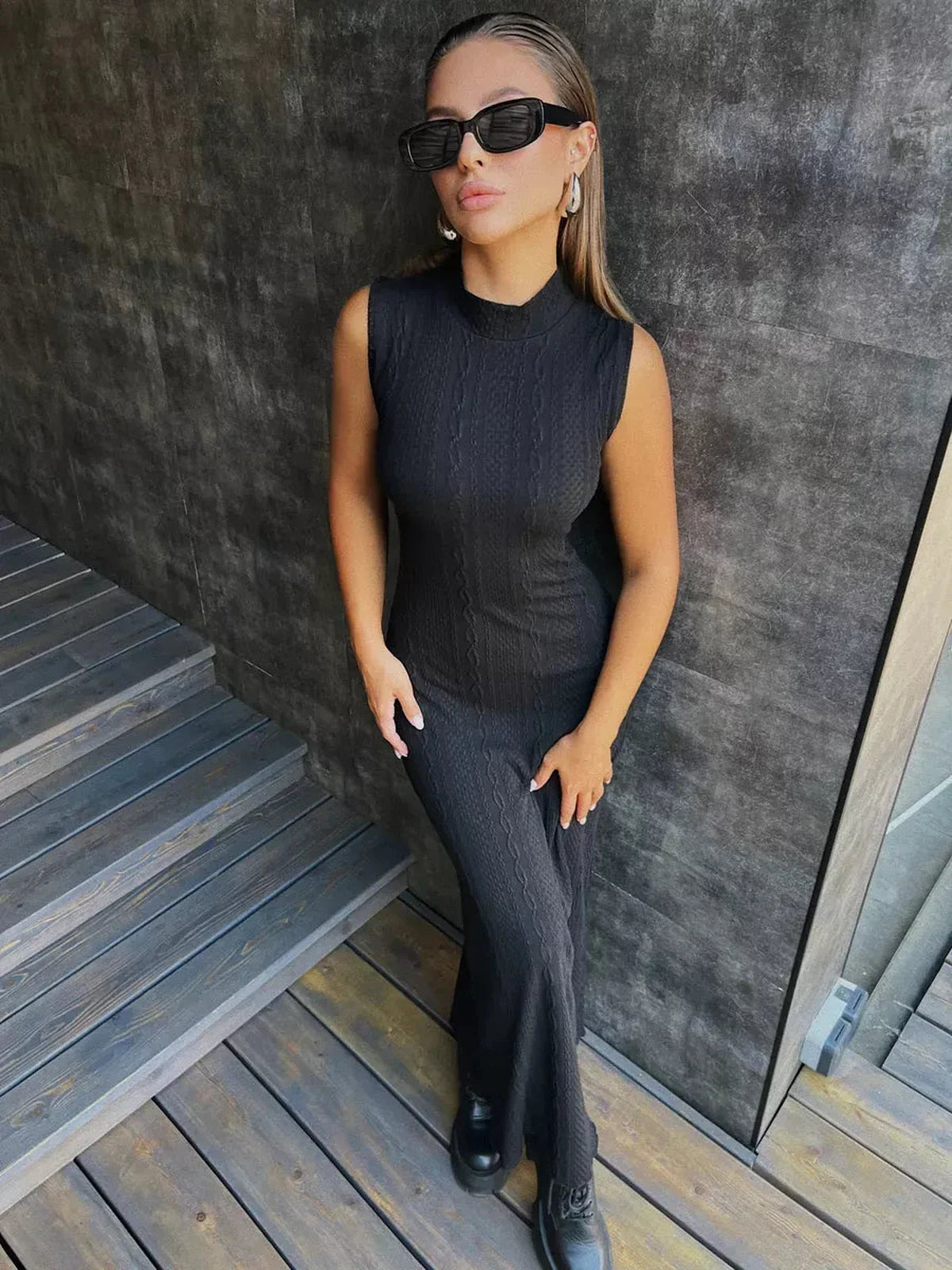 Leah Maxi Dress - Black Knit Bodycon Gown by Lauven, featuring a slim fit and high mock neck collar.