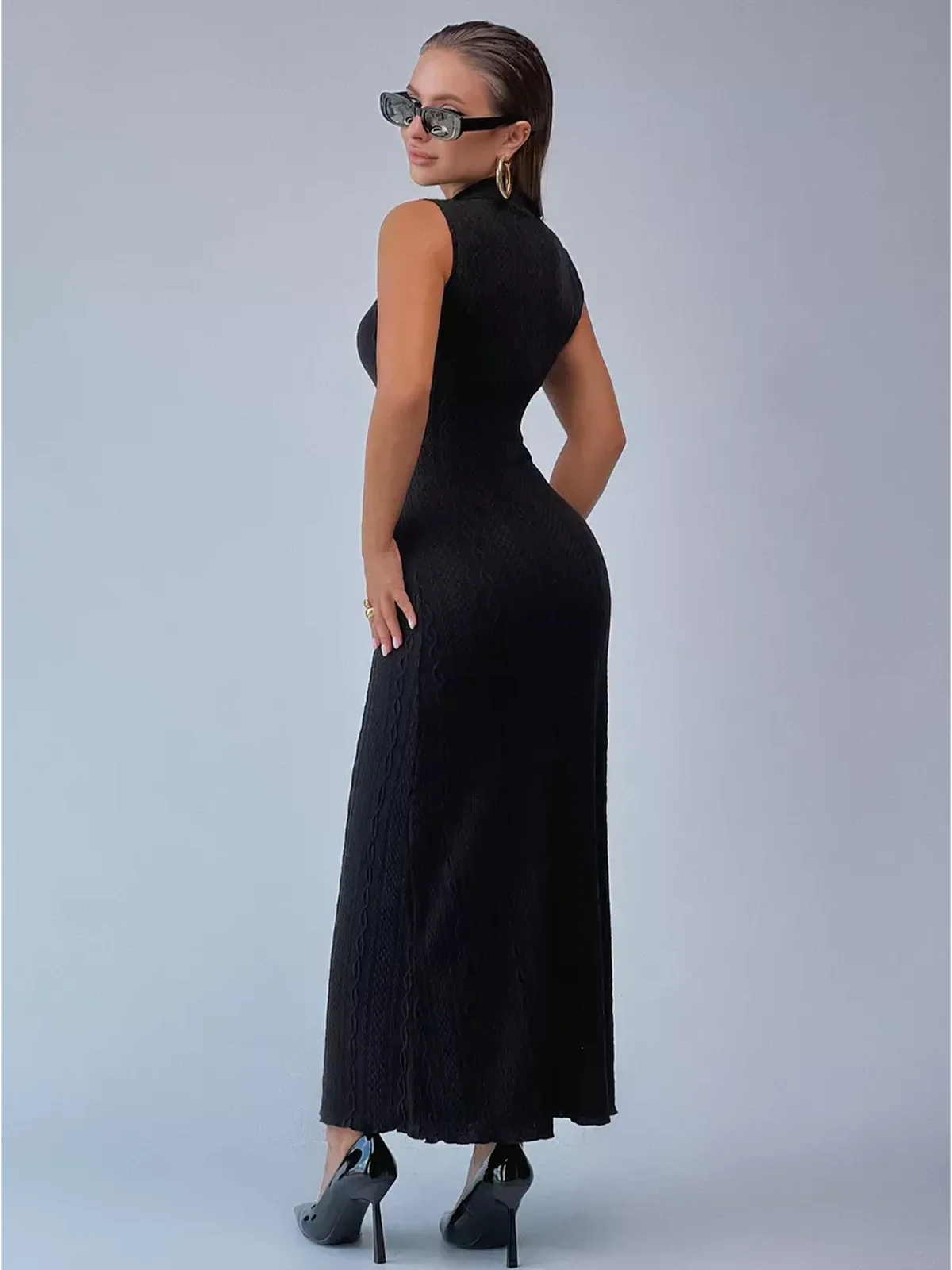 Leah Maxi Dress by Lauven - Black sleeveless bodycon gown featuring high mock neck and cable-knit design.