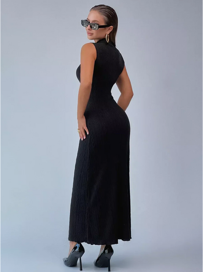 Leah Maxi Dress by Lauven - Black sleeveless bodycon gown featuring high mock neck and cable-knit design.