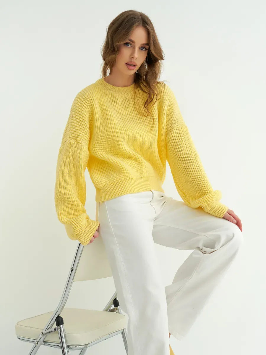 Lemonade Sweater by Lauven, oversized knit in bright yellow, offering comfort and style for transitional seasons.