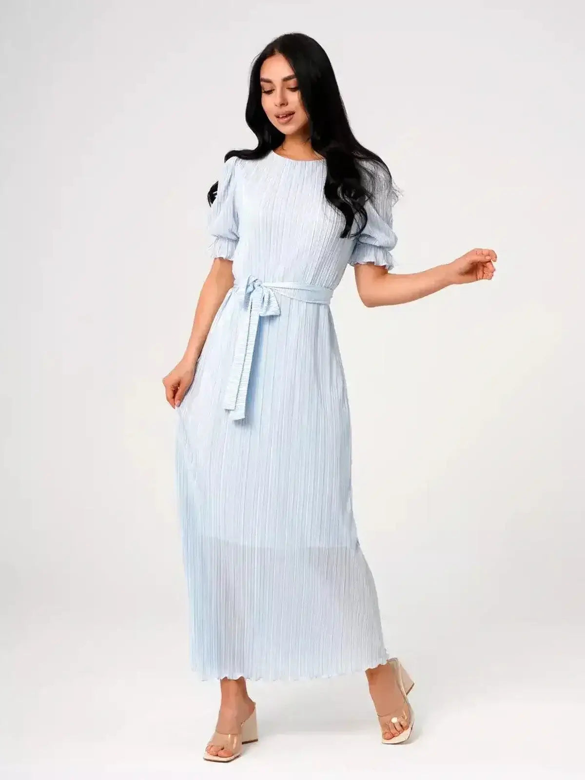 Angel Maxi Dress - Light blue pleated elegance with waist tie and delicate puff sleeves, perfect for warm-weather occasions.