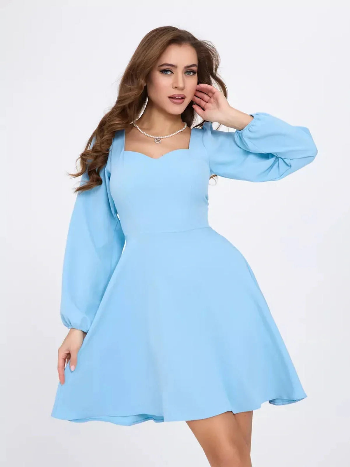Skyline Mini Dress - Light blue flared cocktail dress by Lauven with long sleeves and square neckline.