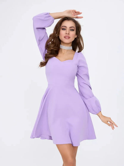 Lilac Mini Dress by Lauven – Long sleeve cocktail dress with sweetheart neckline and flared skirt.