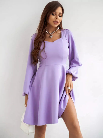 Elegant Lilac Mini Dress by Lauven with long sleeves, sweetheart neckline, and flared skirt for sophisticated occasions.