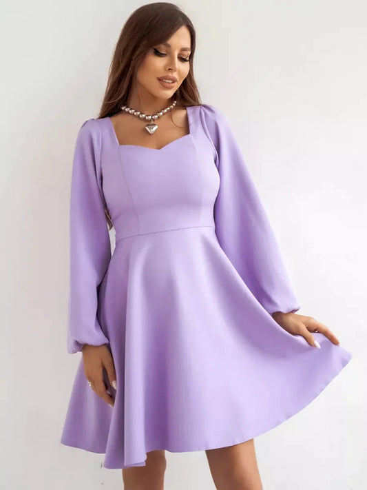 Lilac Mini Dress by Lauven featuring long sleeves, sweetheart neckline, and flared skirt for elegant occasions.