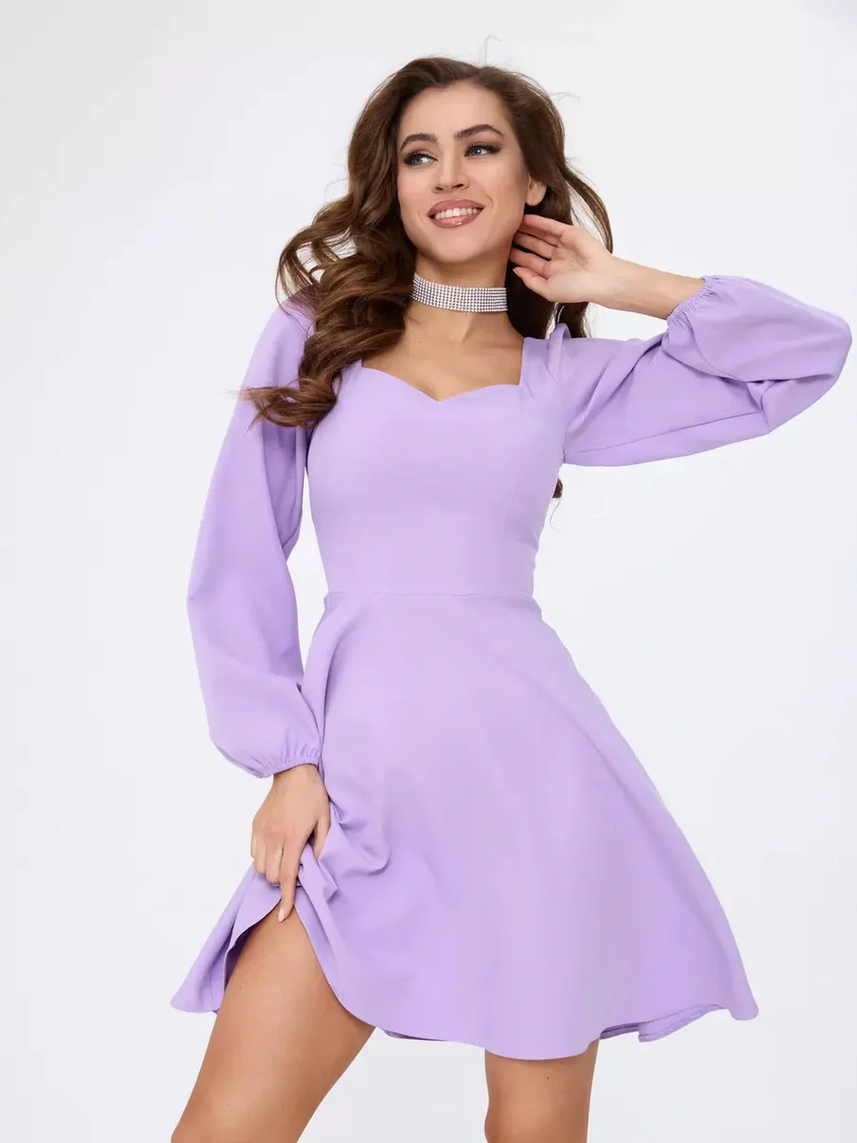 Lilac Mini Dress by Lauven featuring a sweetheart neckline and flared skirt, perfect for any occasion.