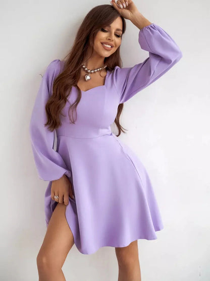 Lilac Mini Dress by Lauven featuring a sweetheart neckline and flared skirt, perfect for daytime and evening wear.