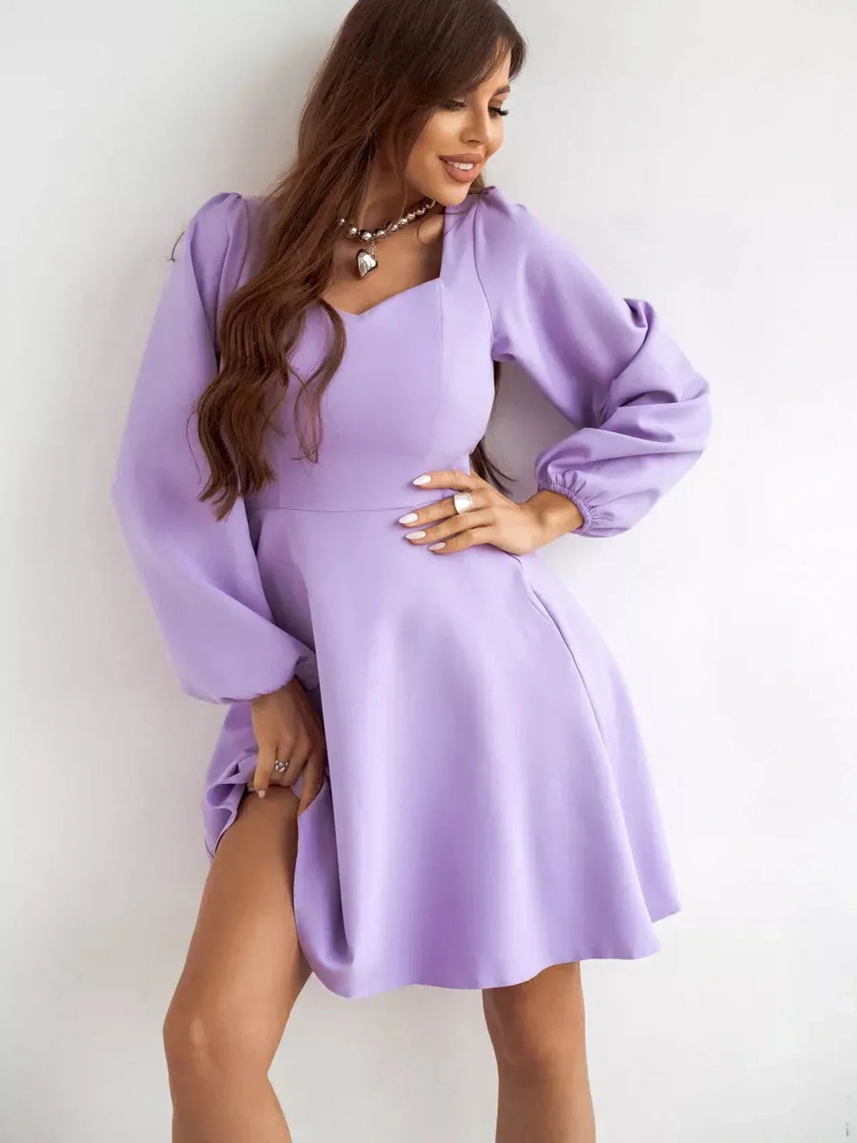 Lilac Mini Dress by Lauven, long sleeve cocktail dress with sweetheart neckline and flared skirt, perfect for occasions.