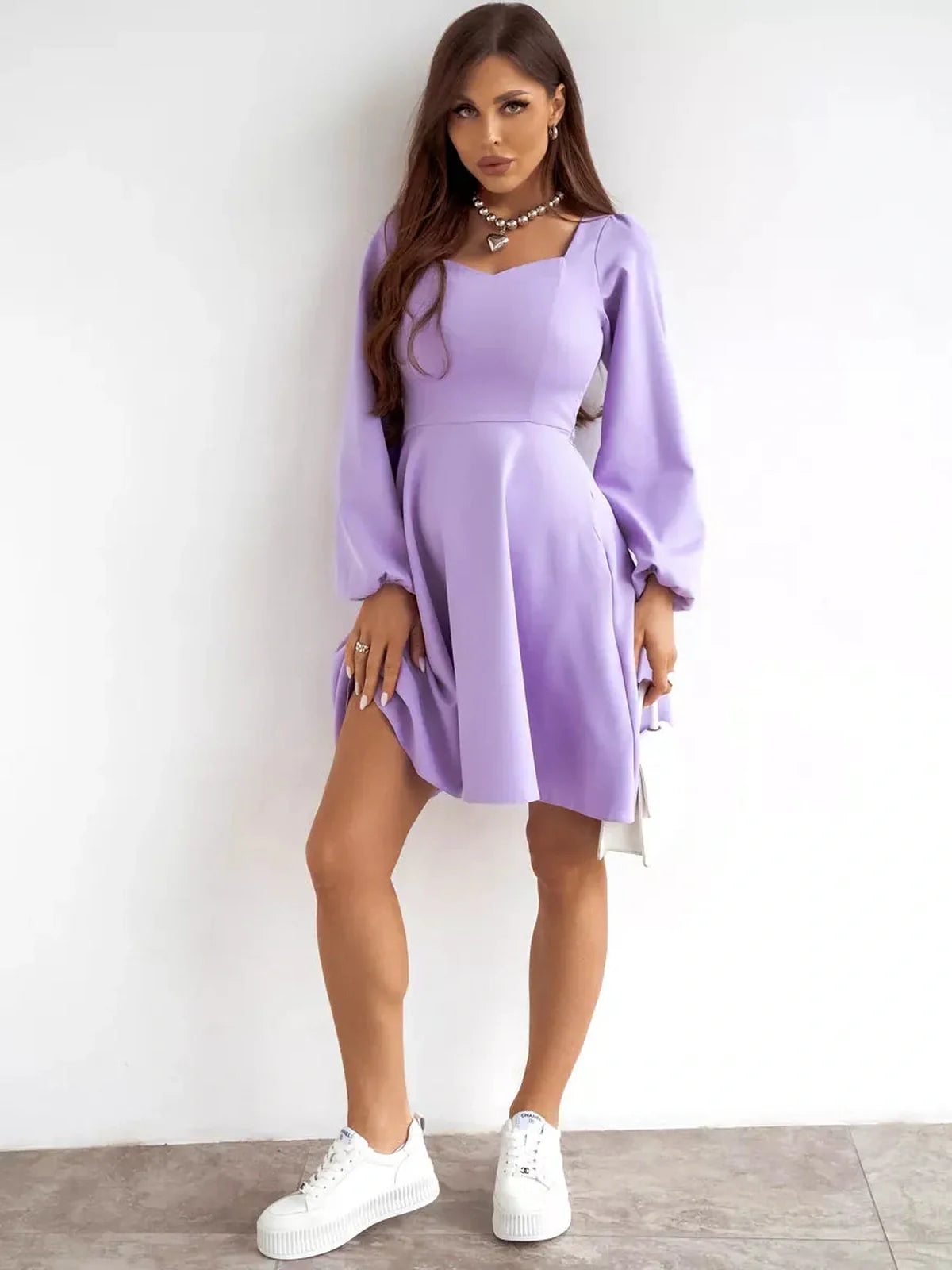 Lilac Mini Dress by Lauven - Long sleeve dress with sweetheart neckline and flared skirt, perfect for cocktails.