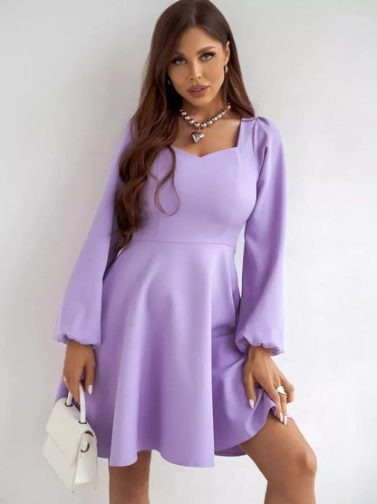 Lilac Mini Dress by Lauven featuring long sleeves, sweetheart neckline, and flared skirt for elegant occasions.