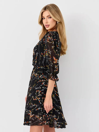 Lotus Mini Dress by Lauven, black floral wrap dress with puff sleeves and waist tie, perfect for any occasion.