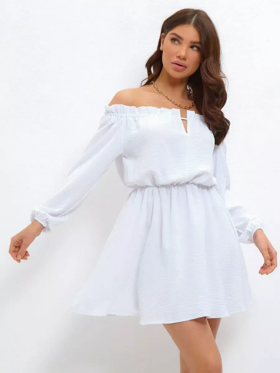 Luna Mini Dress by Lauven, elegant off-shoulder summer and fall fashion in white with a comfortable fit.