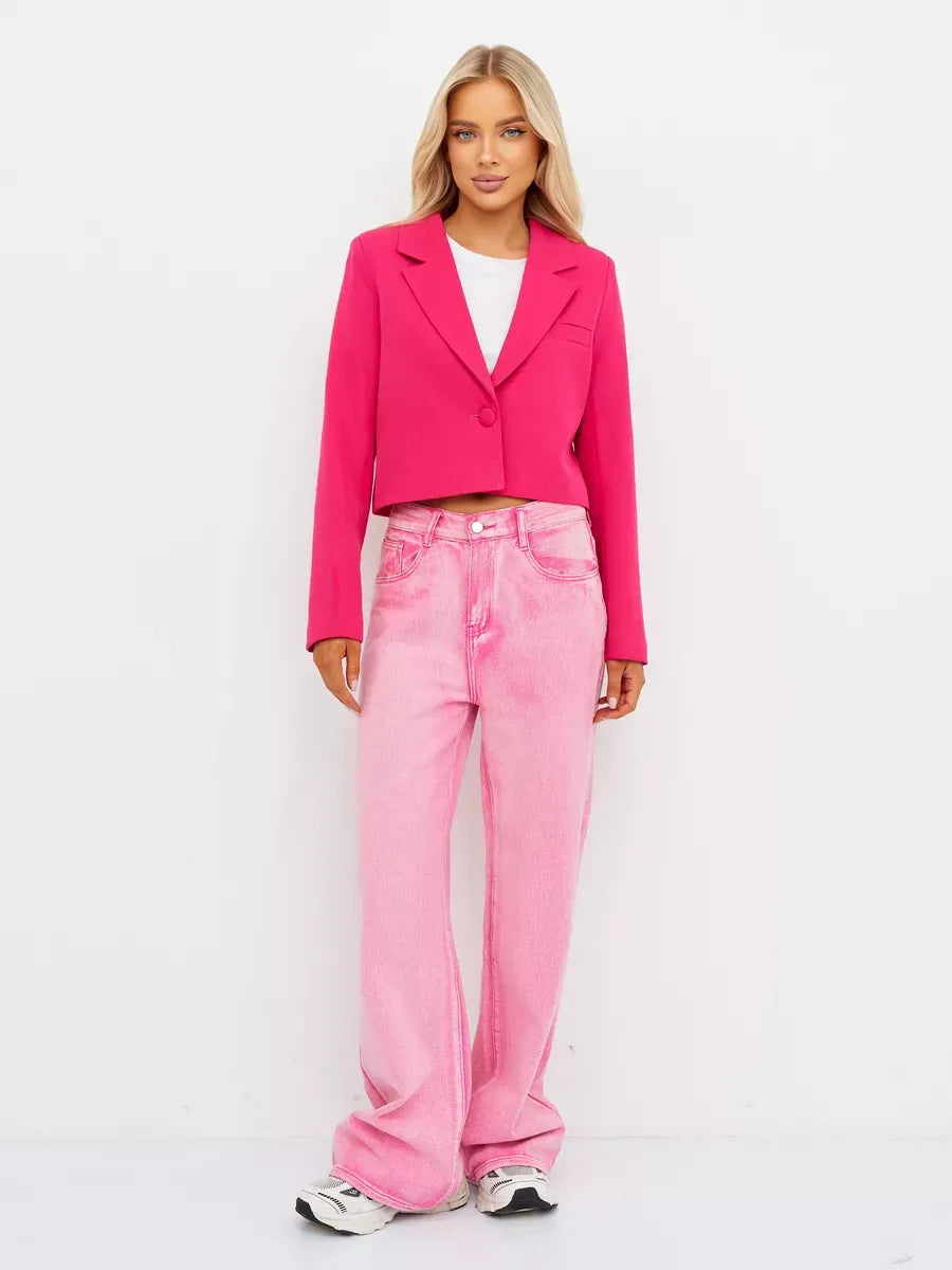 Lauven Magenta Blazer worn with pink wide-leg jeans for a vibrant, stylish outfit.