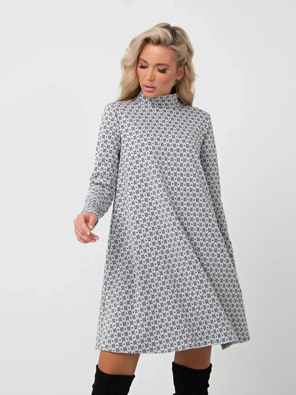 Maia Mini Dress by Lauven in graphite grey print, A-line design with long sleeves and stand collar.