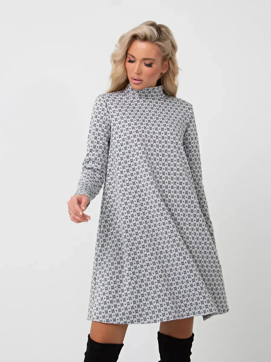 Maia Mini Dress by Lauven in graphite grey print, A-line design with long sleeves and stand collar.
