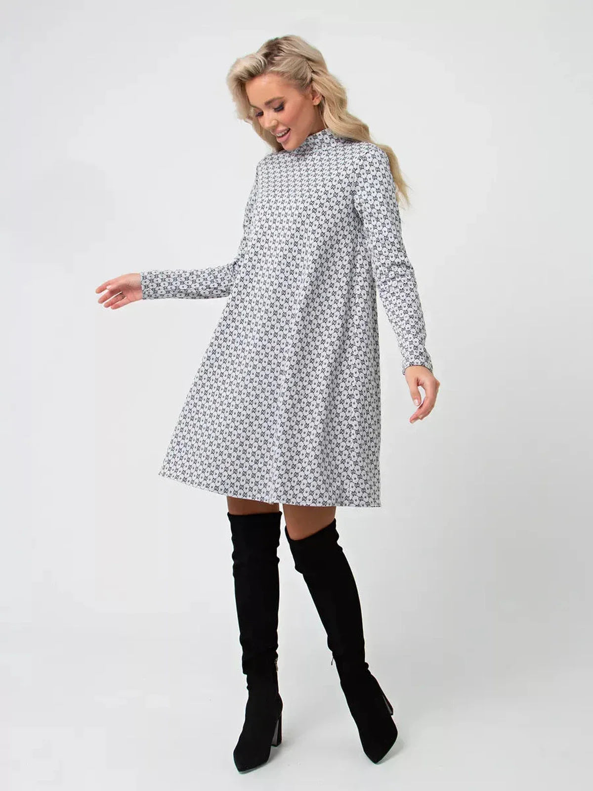 Maia Mini Dress by Lauven in graphite grey print, A-line silhouette with long sleeves and stand collar.