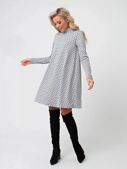 Maia Mini Dress by Lauven in graphite grey print, A-line silhouette with long sleeves and stand collar.